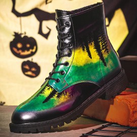 Men Leather Halloween Printing Soft Sole Round Toe Comfy Colorful Casual Martin Boots